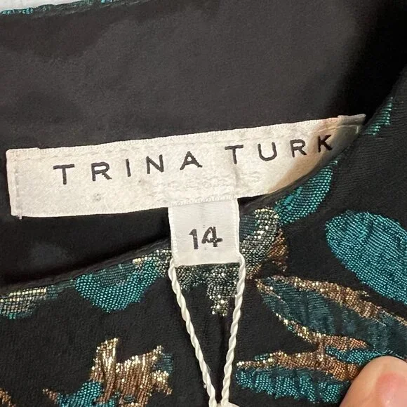 Trina Turk Moonrise Metallic Jacquard Dress Size 14 NWT Black Teal Gold Cocktail - Picture 7 of 14